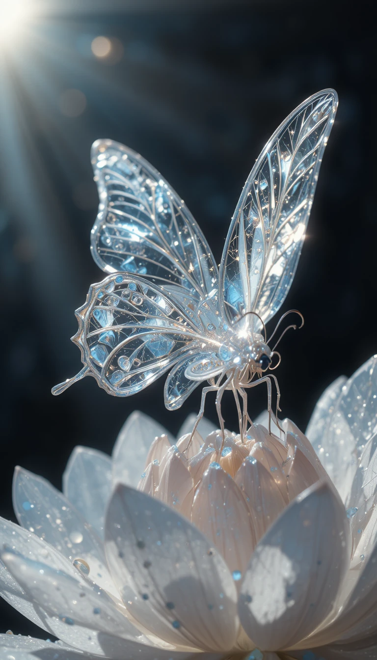 Crystal glass butterfly on lotus flower in surreal close up
