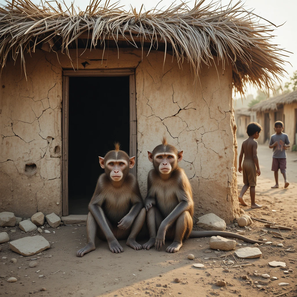 Dos monos frente a una choza de barro en ruinas al atardecer