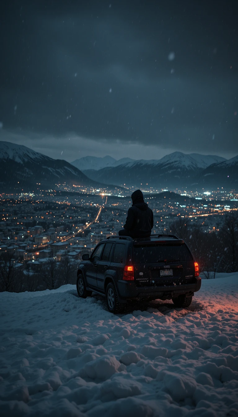 Figura solitaria sobre un SUV en una colina nevada frente a las luces de la ciudad