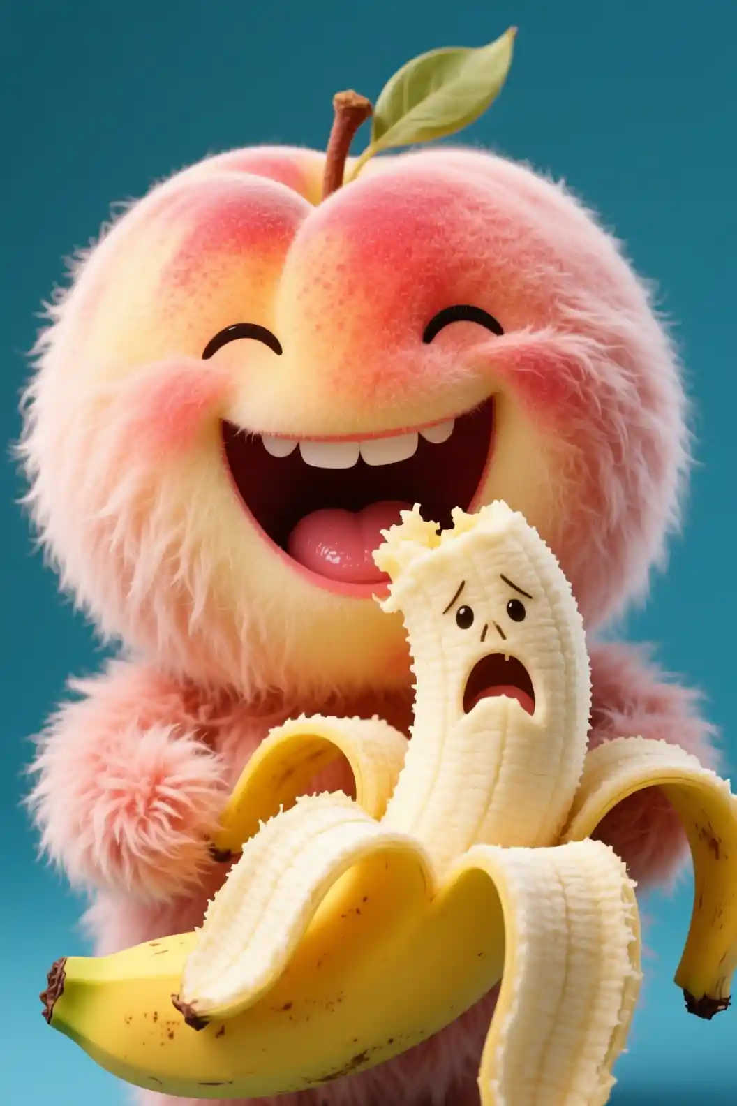 Happy fuzzy peach character eating a scared banana
