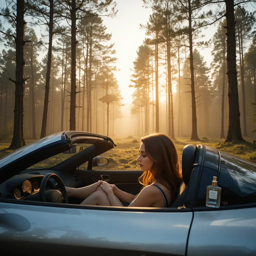 Young woman driving a silver sports car in pine forest
