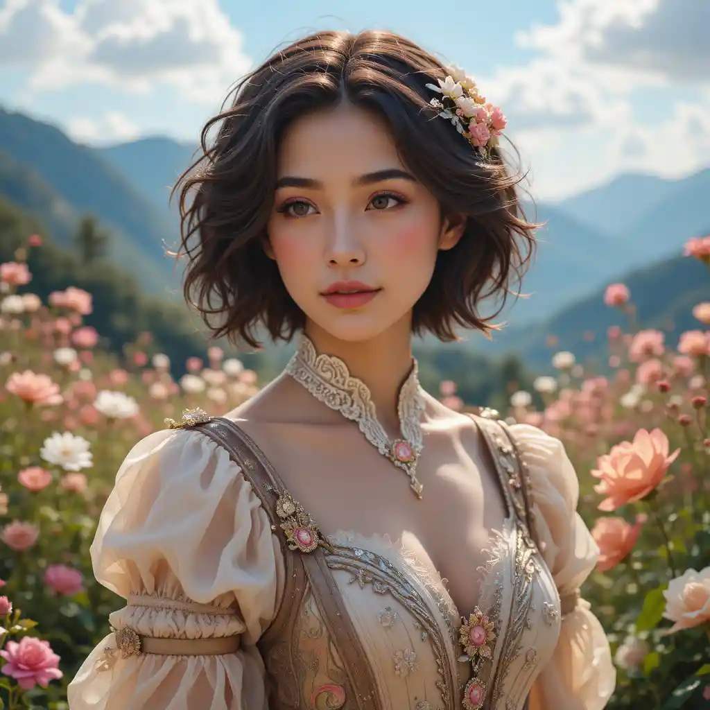 Young woman in ornate fantasy dress in flower garden