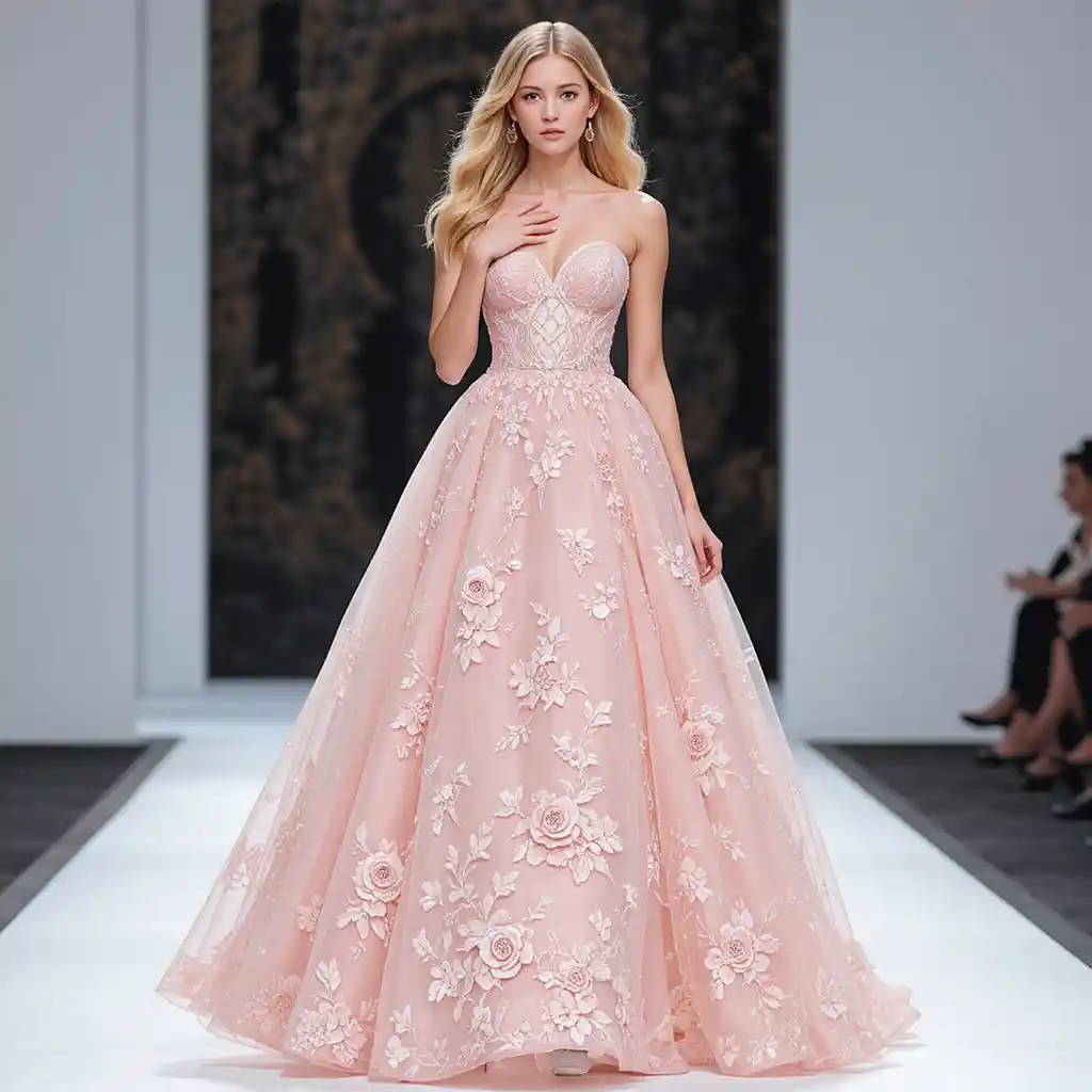 Elegant blonde woman in pink ball gown on runway