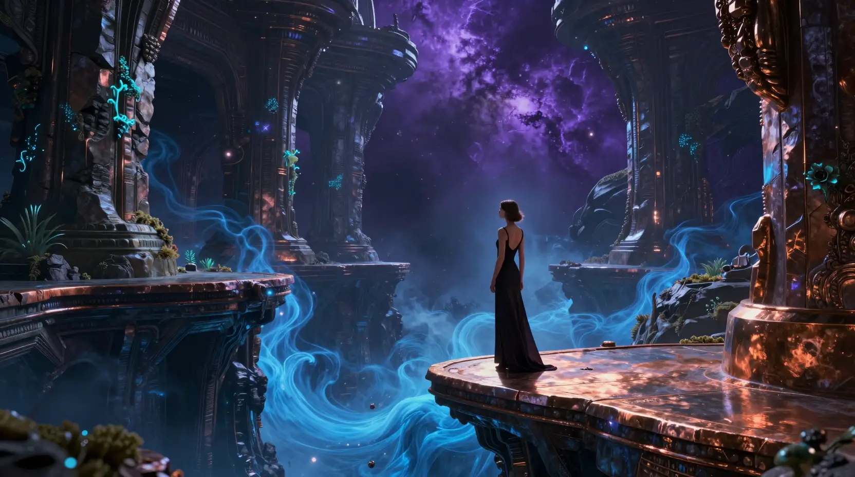 Young woman on copper platform above a glowing abyss