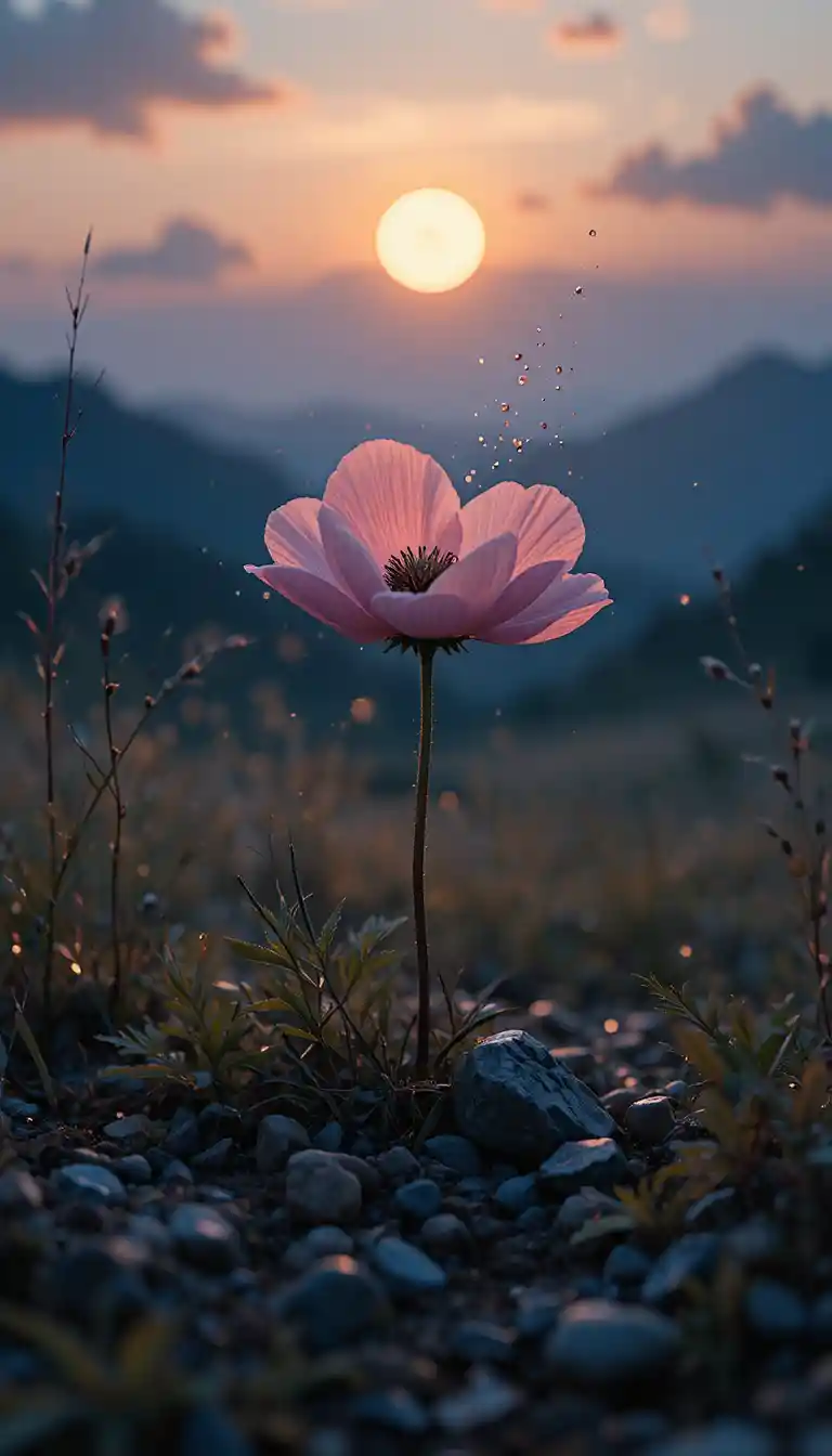 雨中黃昏景色中閃耀的銀蓮花