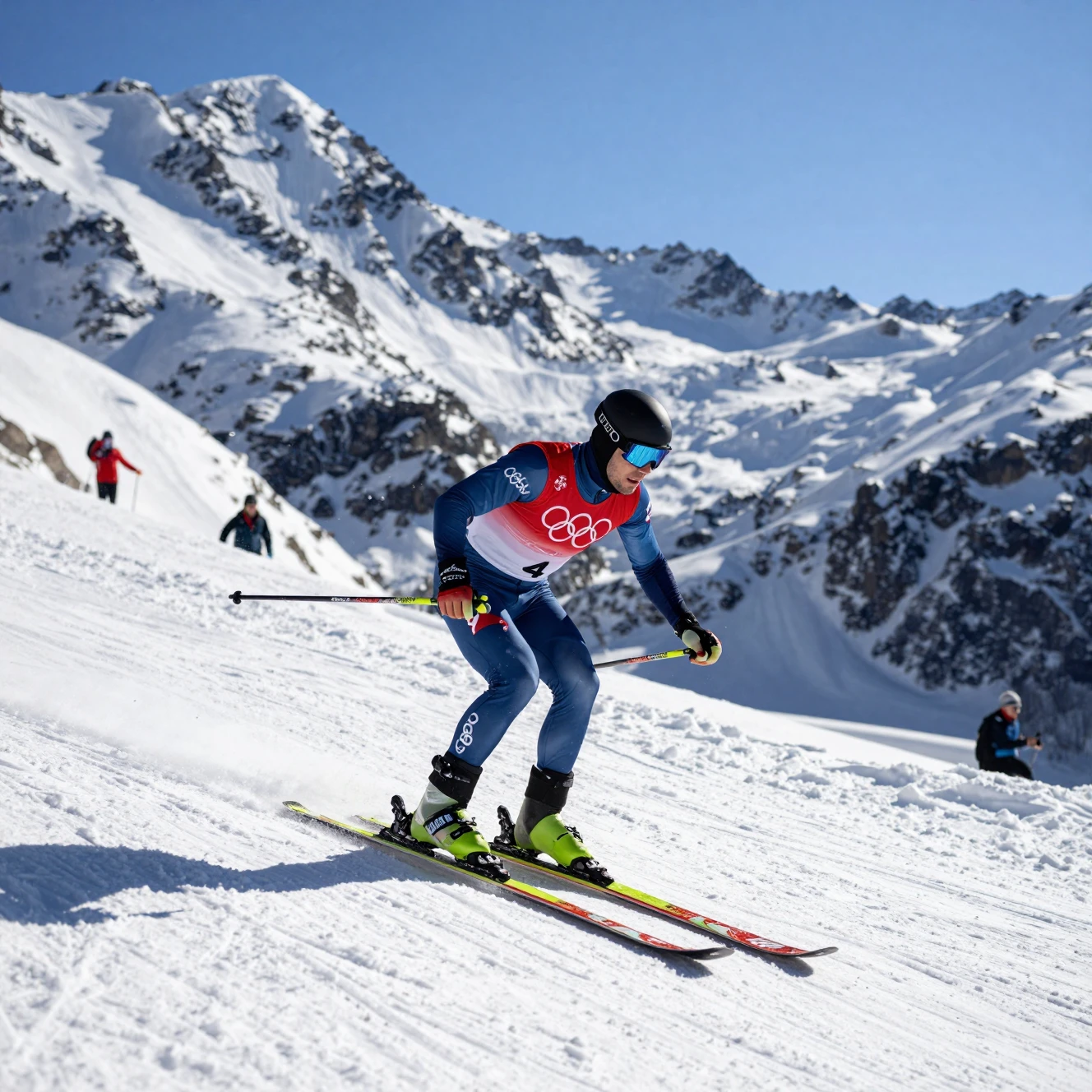 Alpine skier racing down a snowy Olympic mountain slope
