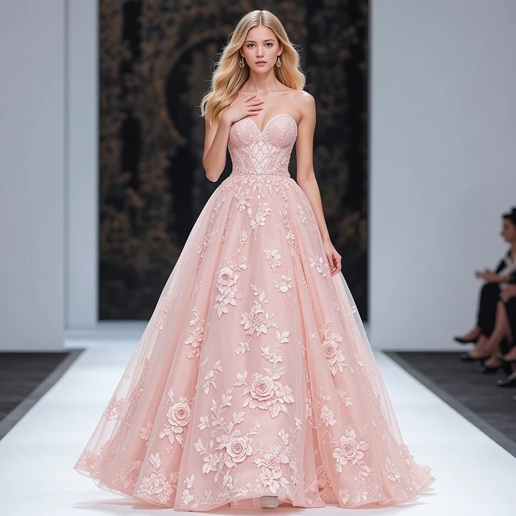 Elegant blonde woman in pink ball gown on runway