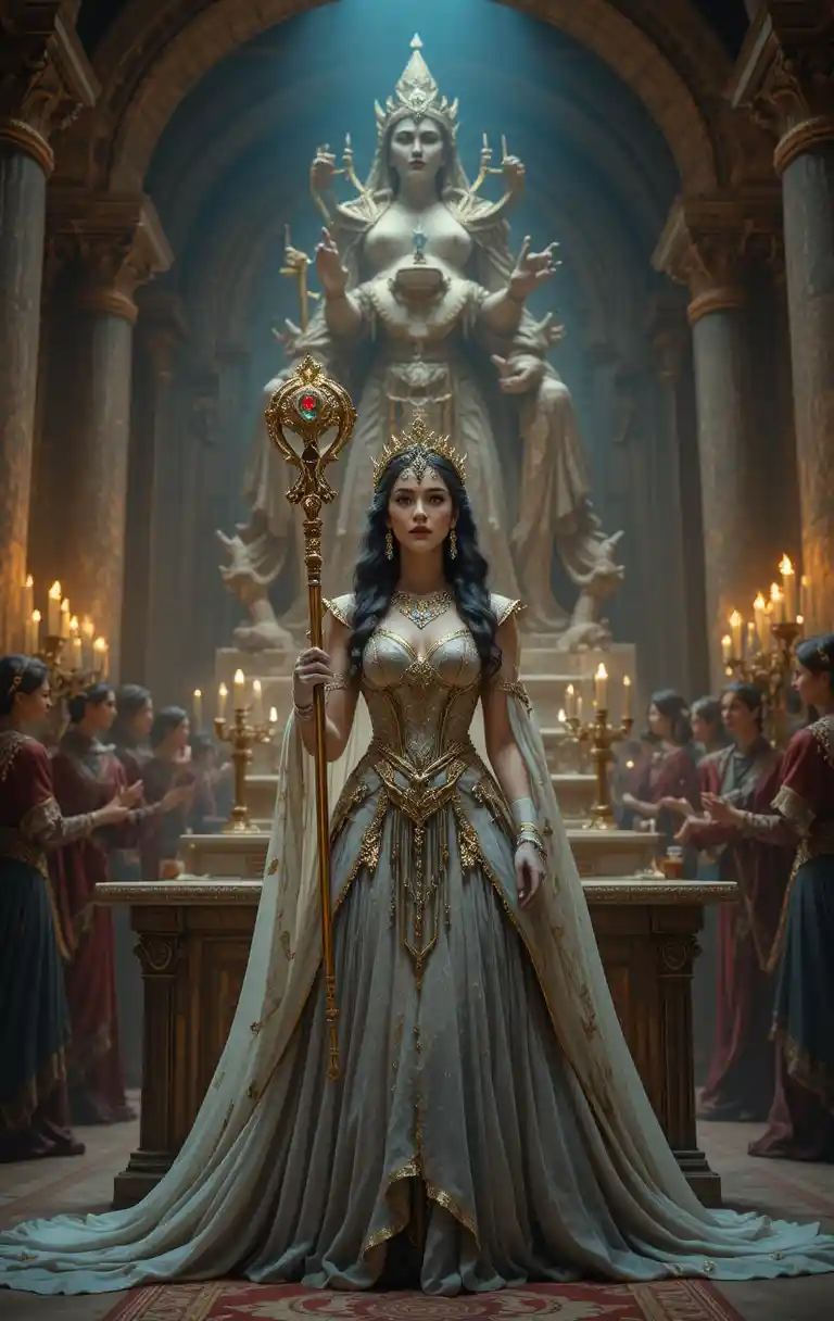 Regale regina guida una grande cerimonia in un antico tempio