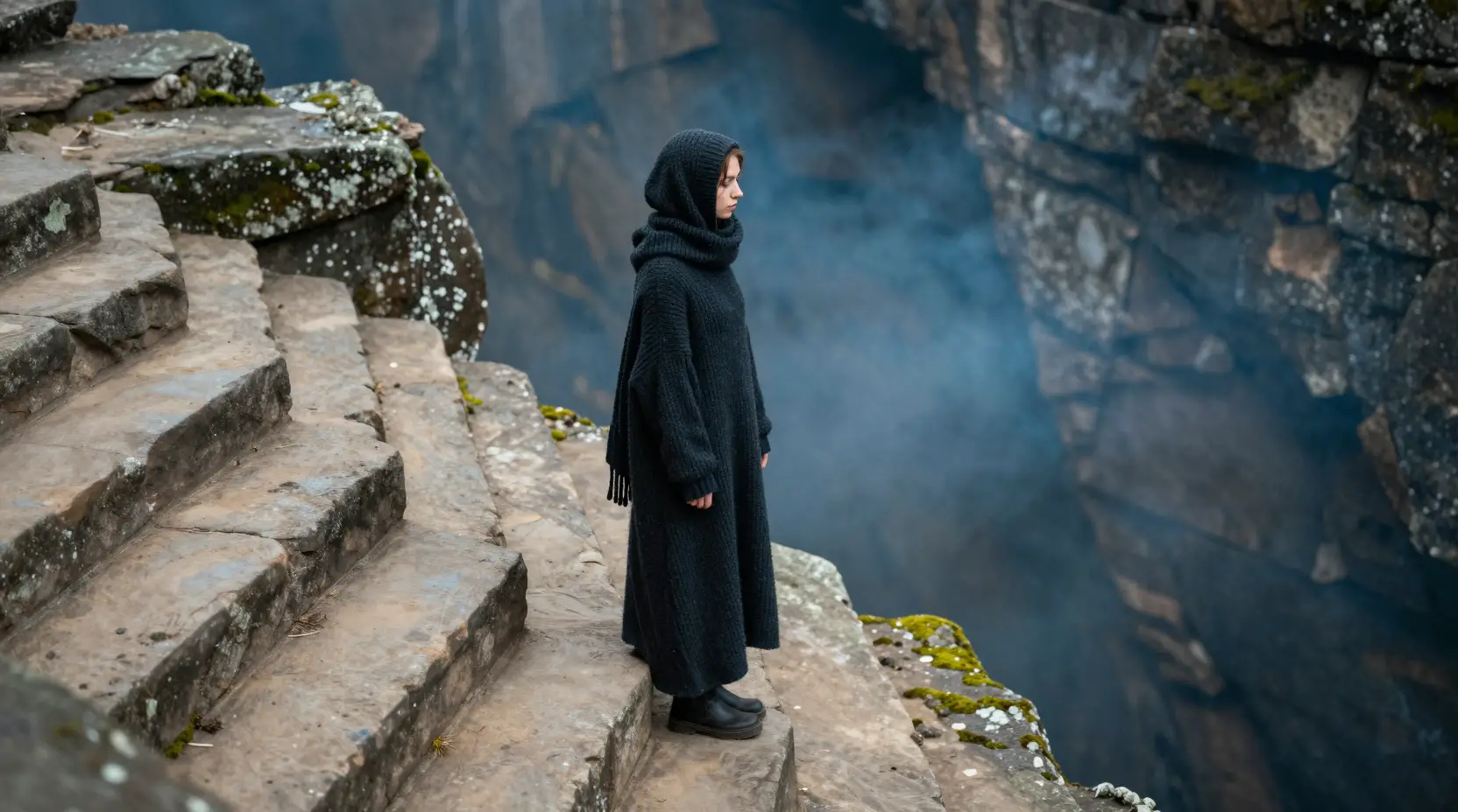 Young woman on ancient stone steps in soft blue haze
