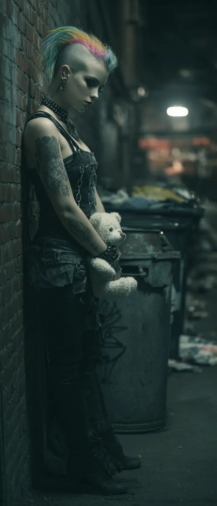 Moody punk girl portrait against an old brick wall