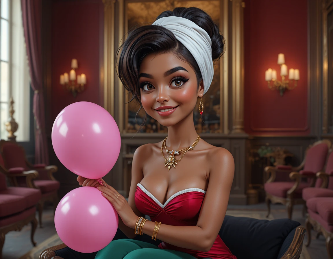 Curvy woman in white headscarf holding a pink balloon