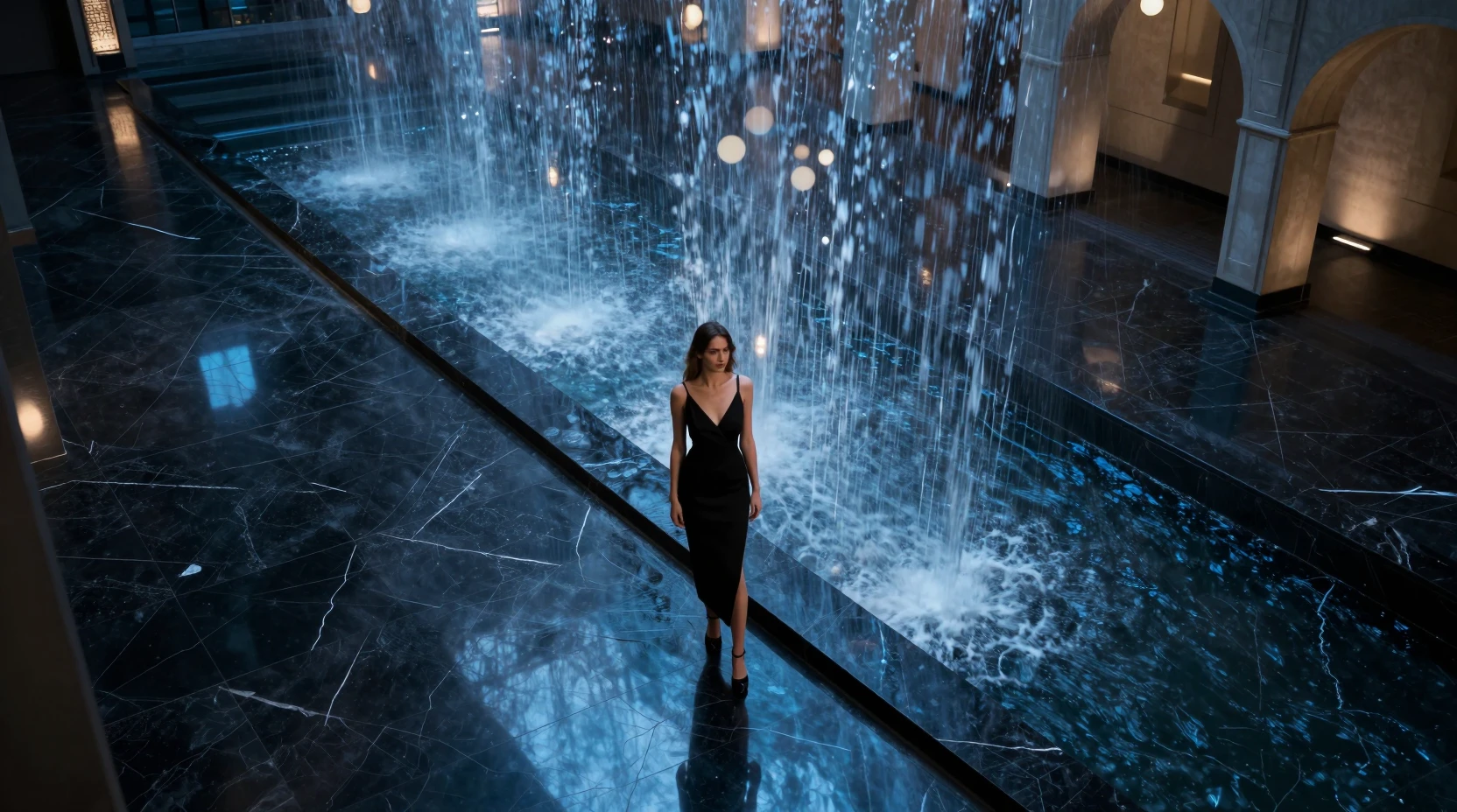 Young woman at edge of vast marble floor waterfall