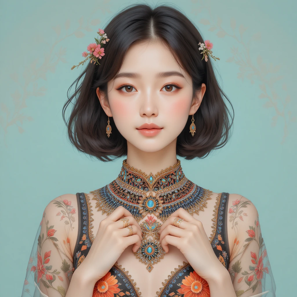 Young Asian woman portrait with floral jewelry
