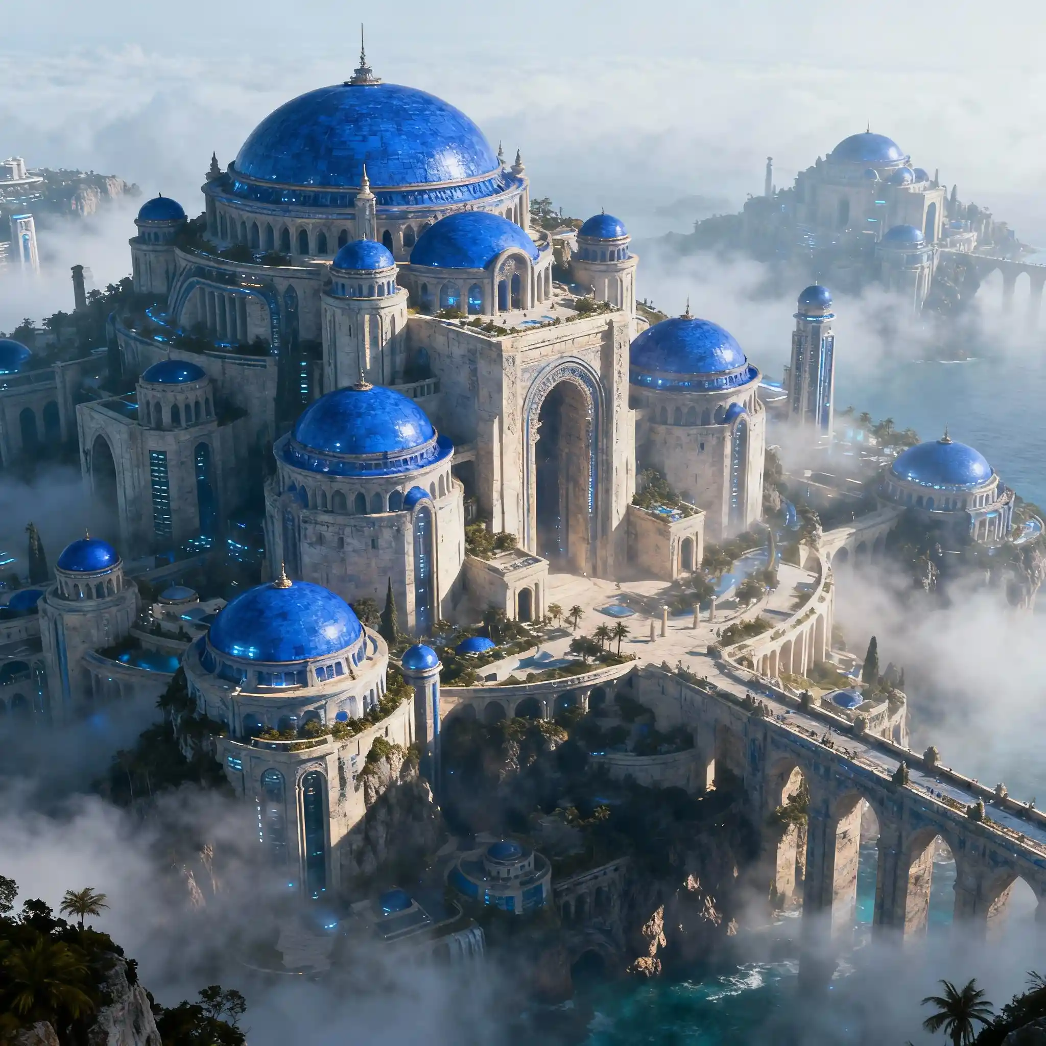 Futuristic atlantis inspired city with blue domed architecture