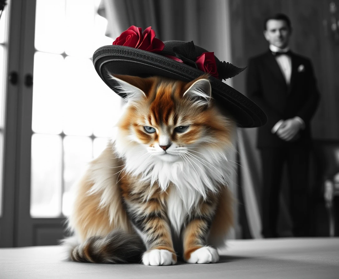 Gelassene flauschige Katze mit Vintage-Hut im monochromen Porträt