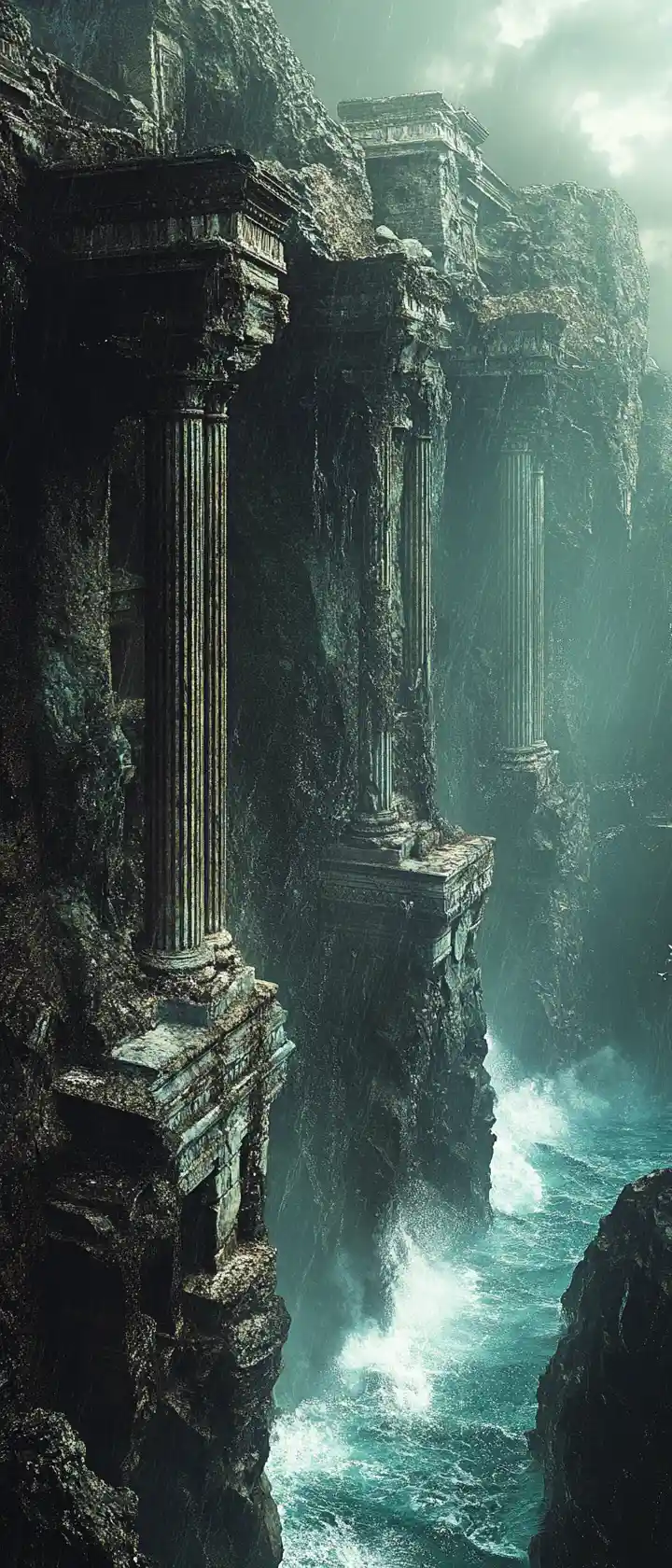 Antike Tempel an einer Steilklippe unter Sturmwolken aus niedriger Perspektive