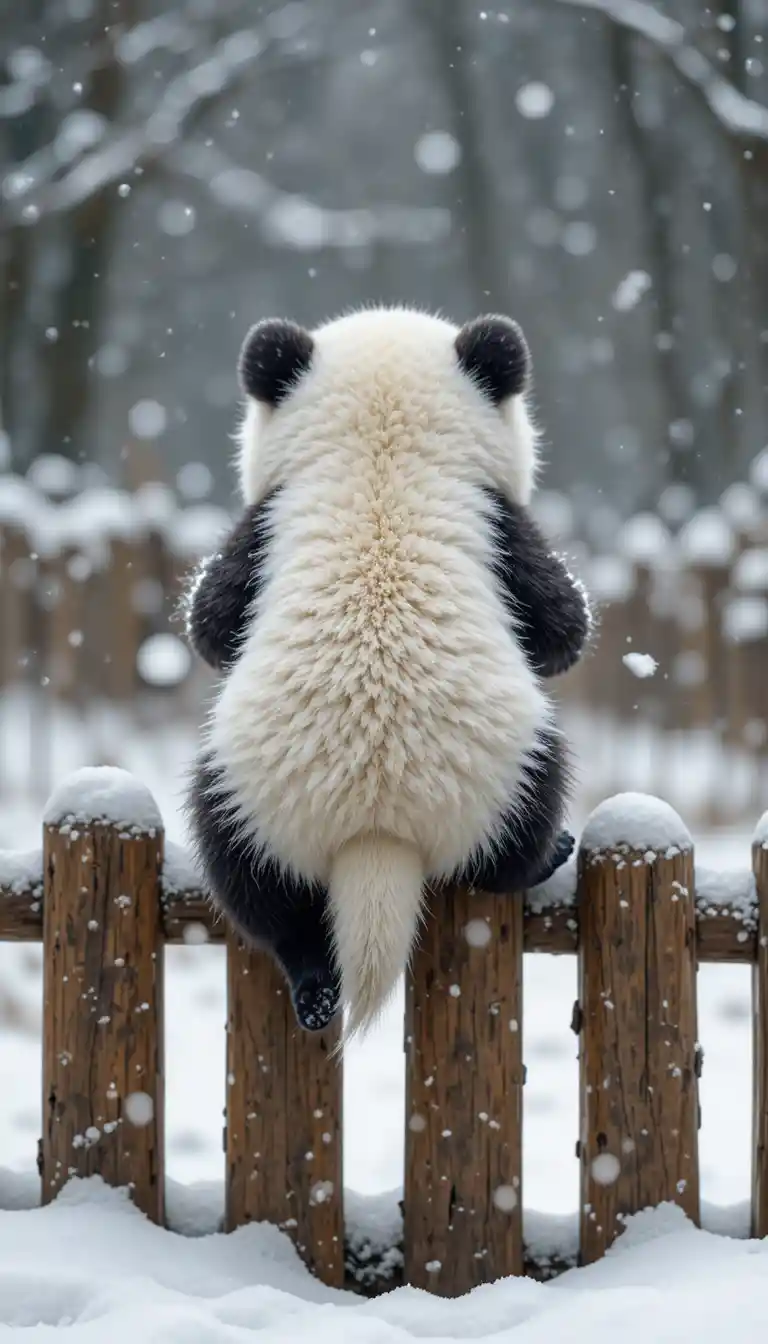Bébé panda blanc tout doux assis sur une clôture en bois enneigée