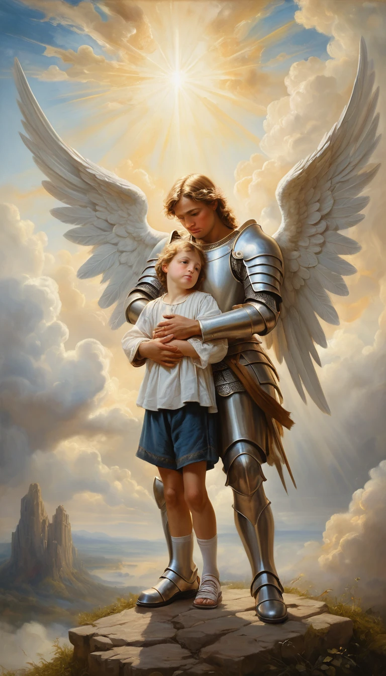 Angelo custode che conforta un bambino in lacrime nella luce celestiale