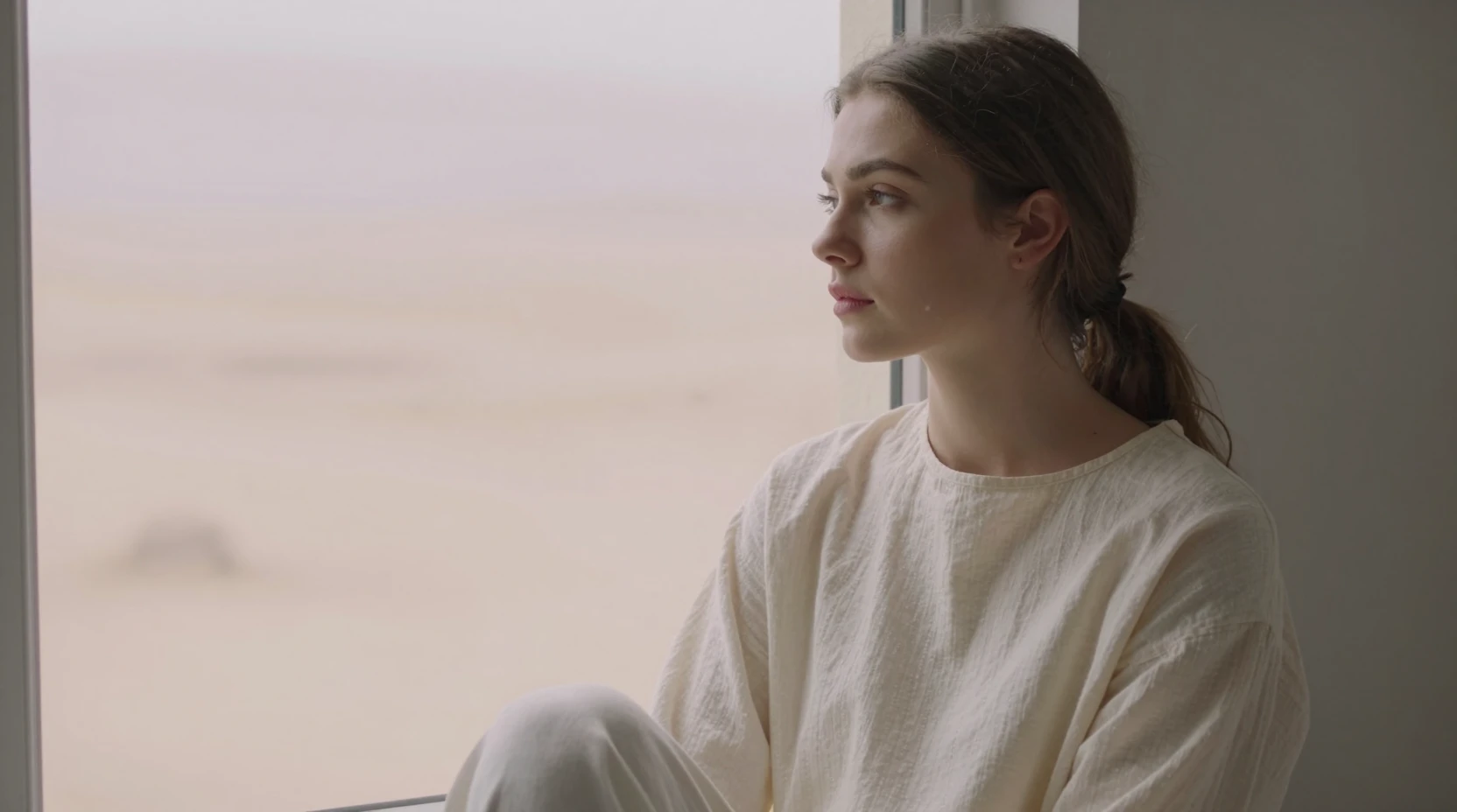 Young woman in cream tunic sitting quietly by window