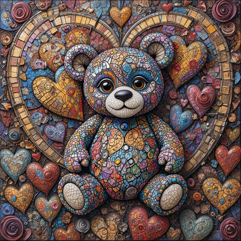 Colorful zentangle teddy bear surrounded by patterned hearts