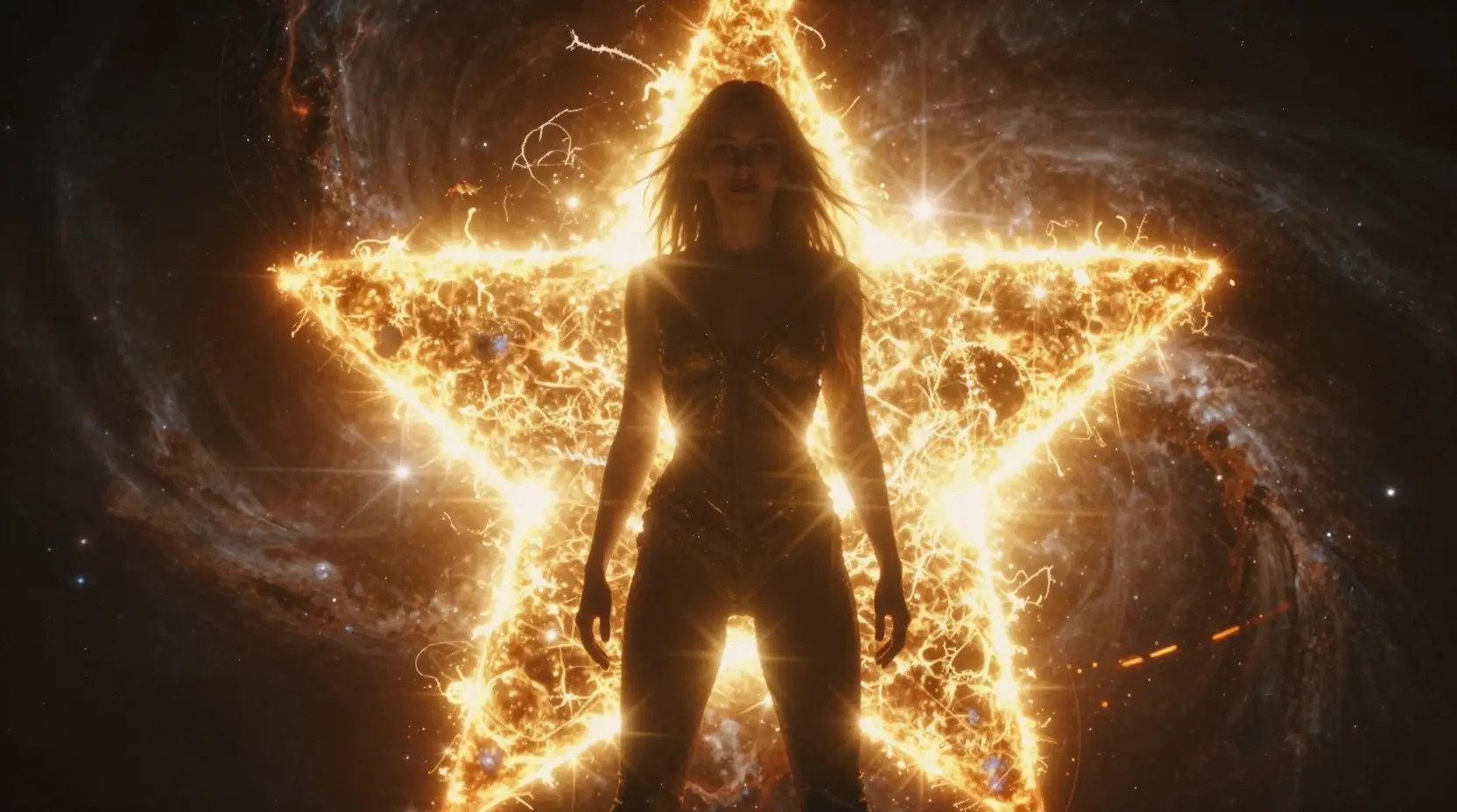 Woman silhouetted against the blazing edge of a dying star