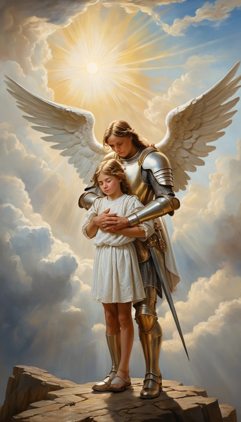 Guardian angel comforting a crying child in heavenly light