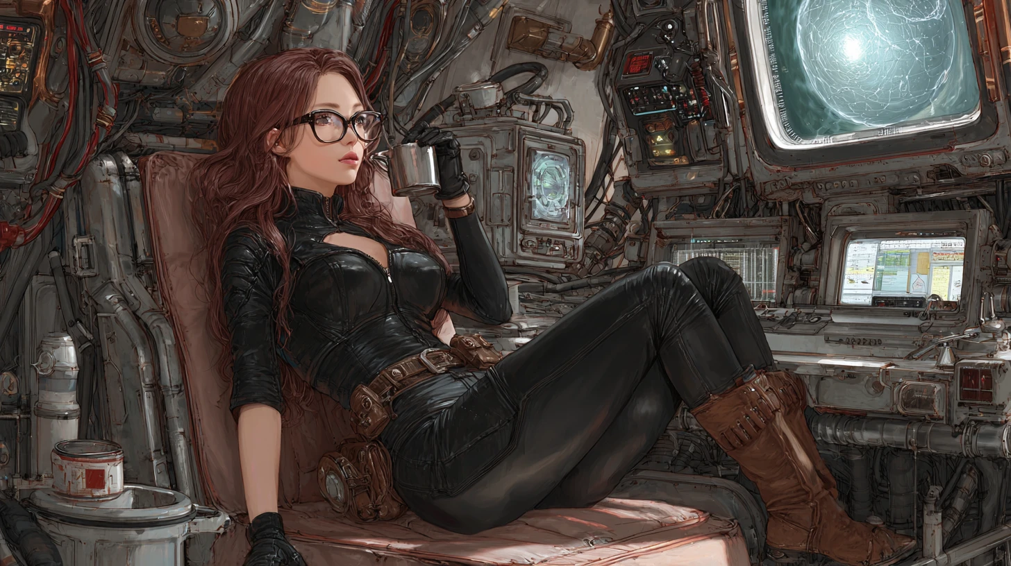 Athletic woman in leather suit aboard old rusty spaceship