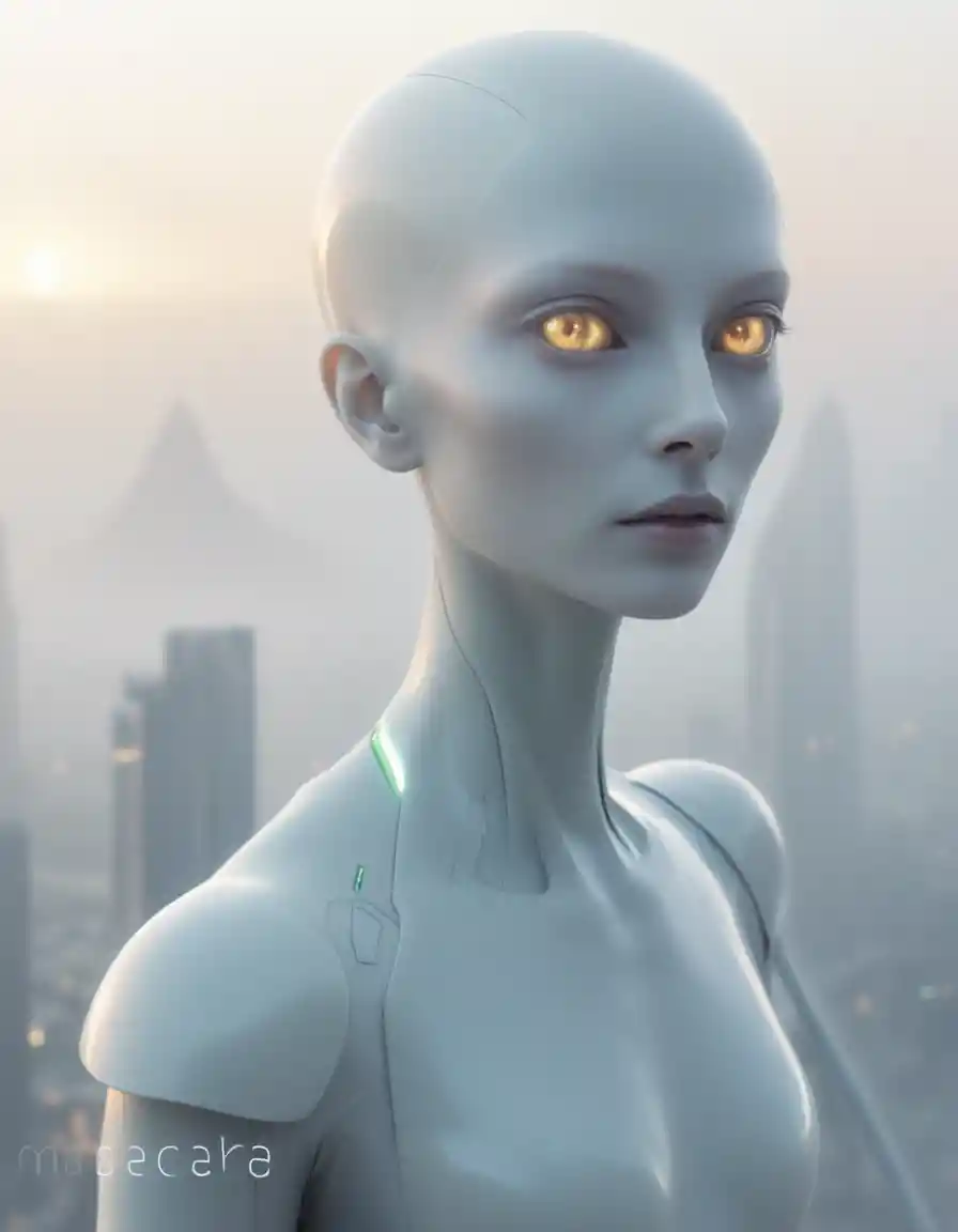 Androgynous Alien Figure Overlooking Distant Glowing Cityscape