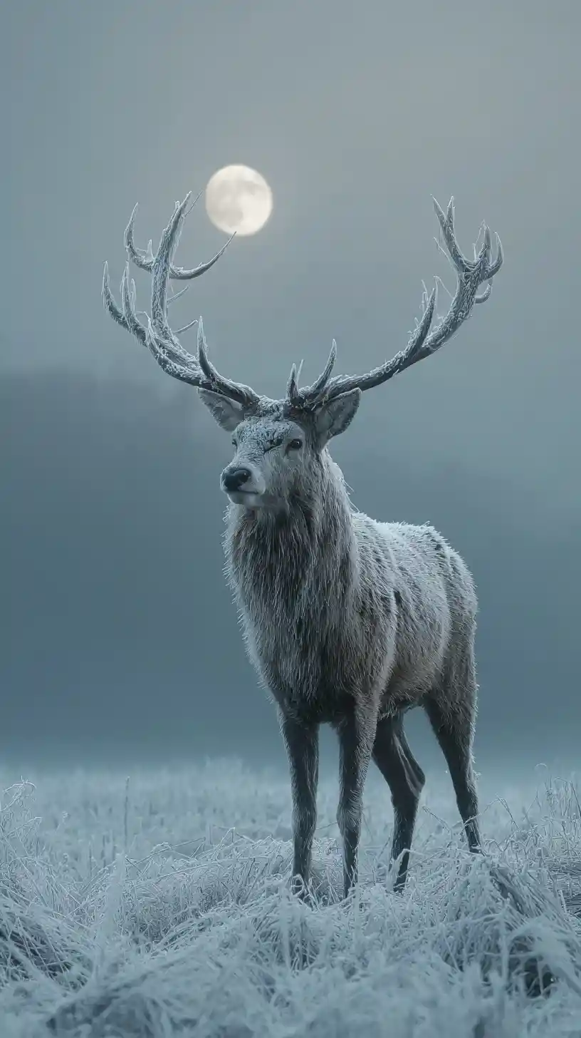 Majestic stag in frosty meadow under fading full moon