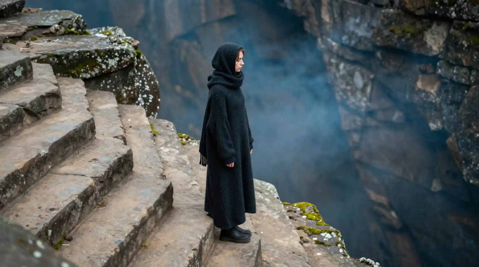 Young woman on ancient stone steps in soft blue haze