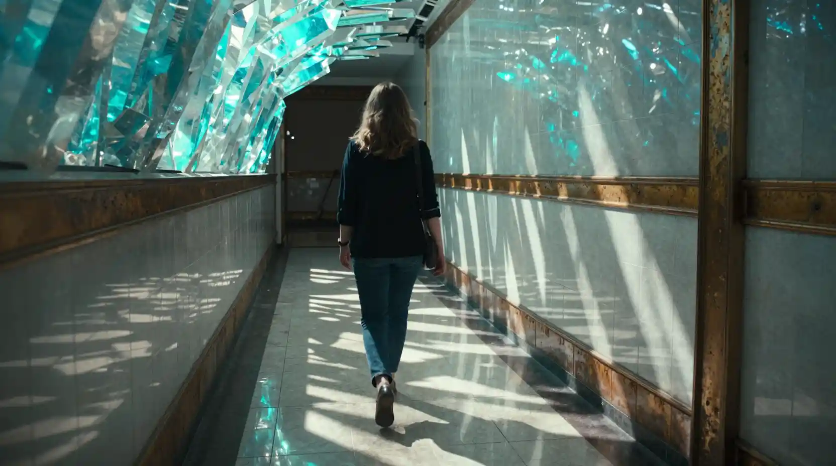 Woman walking through a reflective hallway under cyan crystal light