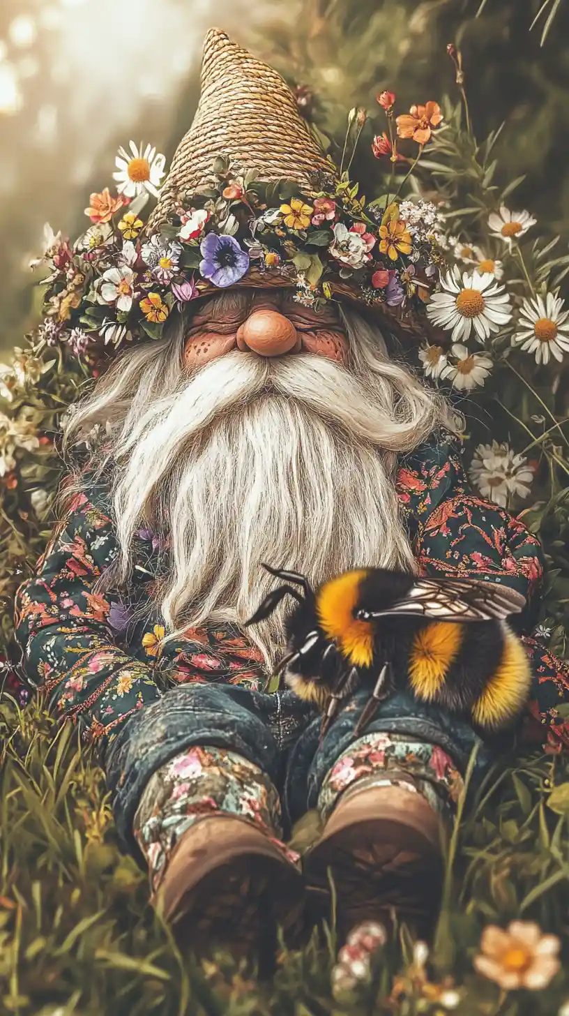 Whimsical garden gnome relaxing beside a friendly bumblebee