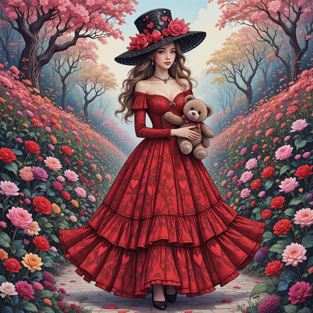 Woman in heart dress and top hat walking in garden