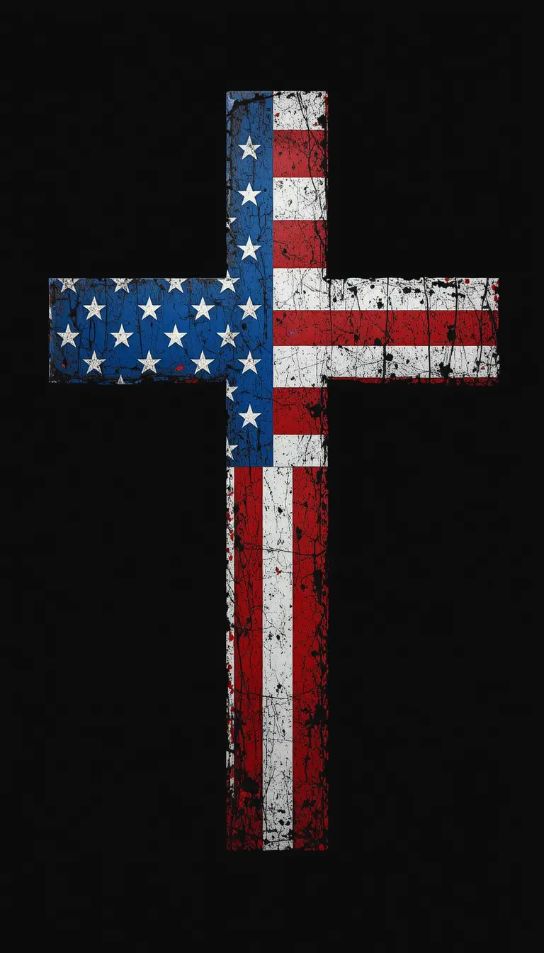 Distressed American flag Christian cross on black background