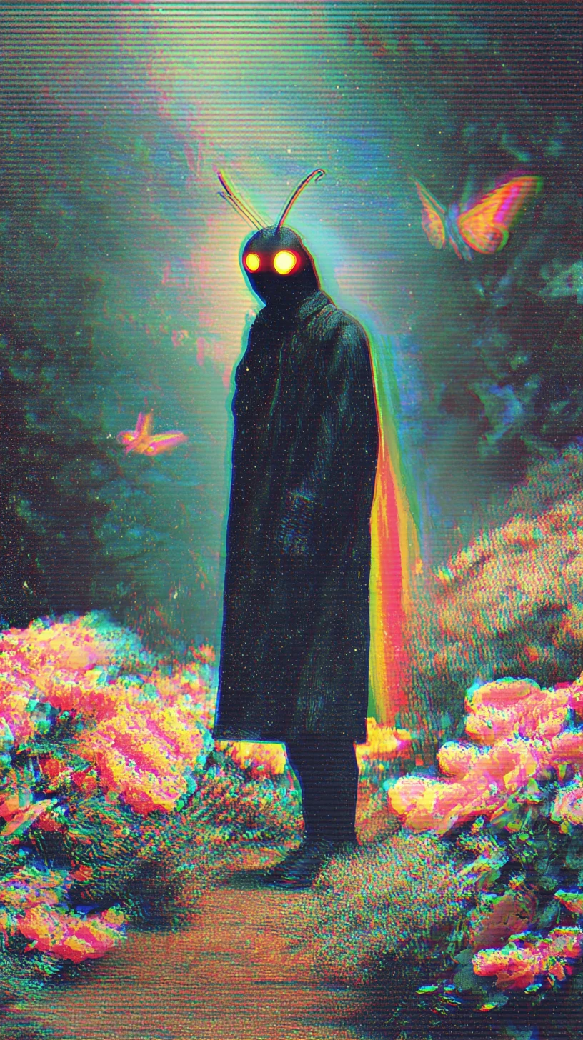 Humanoid mothman figure in a night garden full body portrait