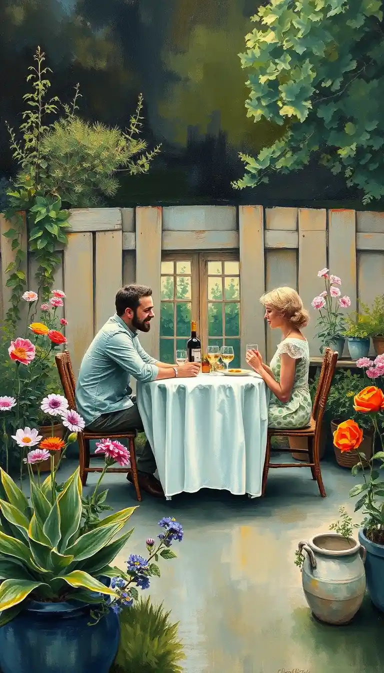 Paar beim Mittagessen in einem friedlichen Gemüsegarten