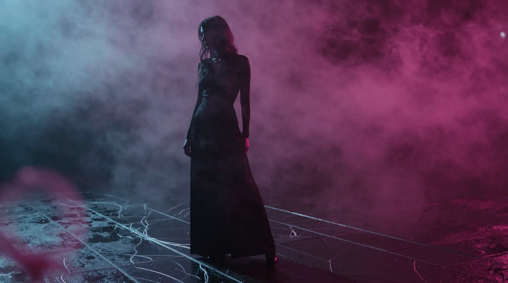 Woman in swirling neon fog on wet obsidian pavement