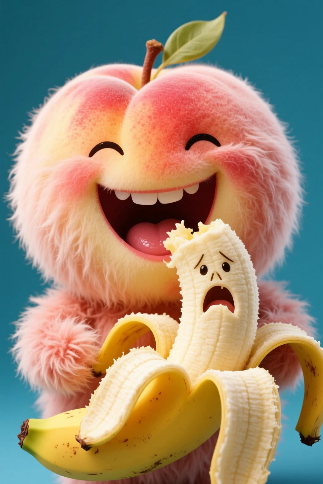Personaje de melocotón esponjoso y feliz comiendo un plátano asustado