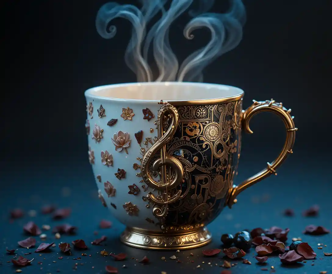 Taza de café geométrica surrealista fusionada con máscara de carnaval