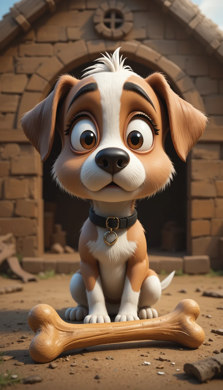 Cute cartoon puppy with big head and pleading eyes