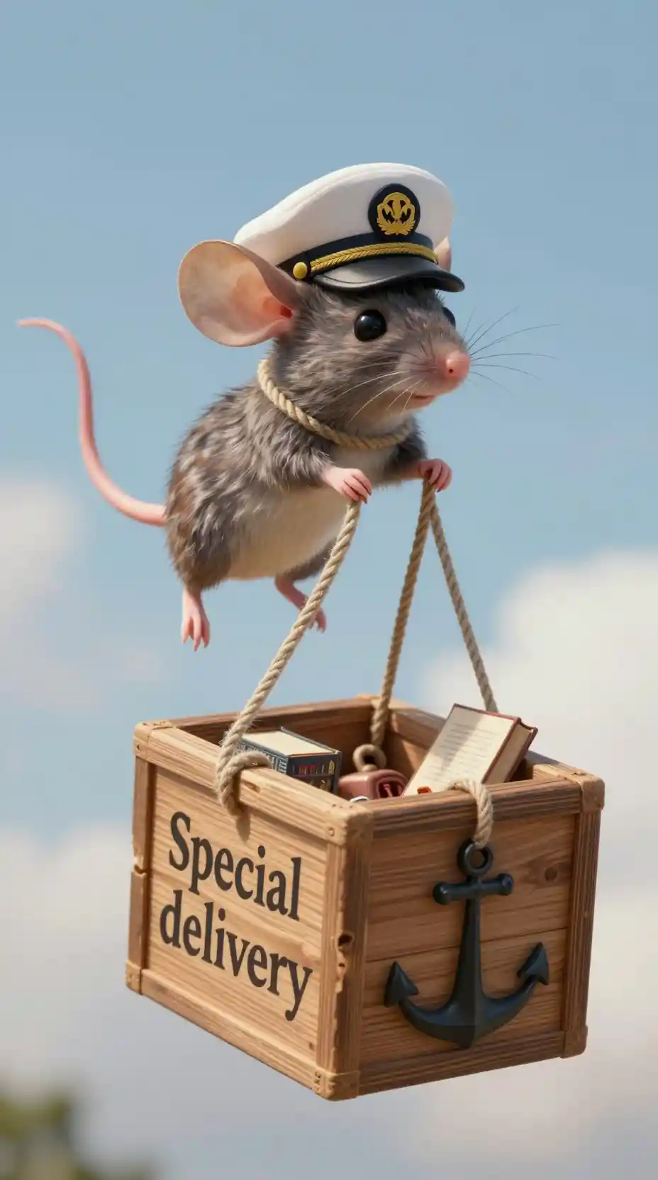 Whimsical flying mouse towing a wooden library box