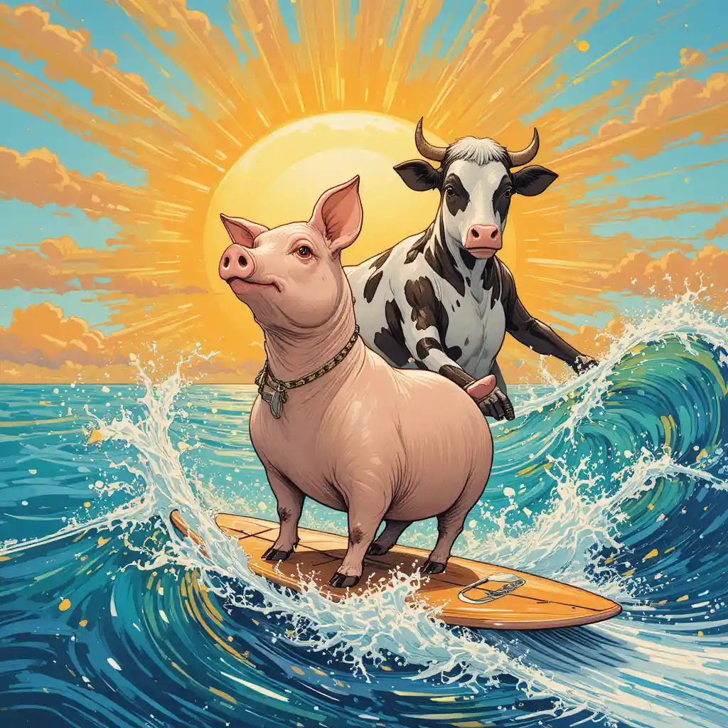 Pig and cow surfing together toward the glowing sun