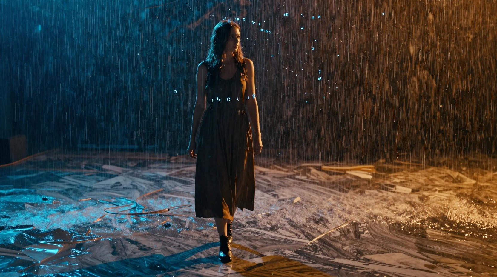 Young woman walking through glowing digital data storm