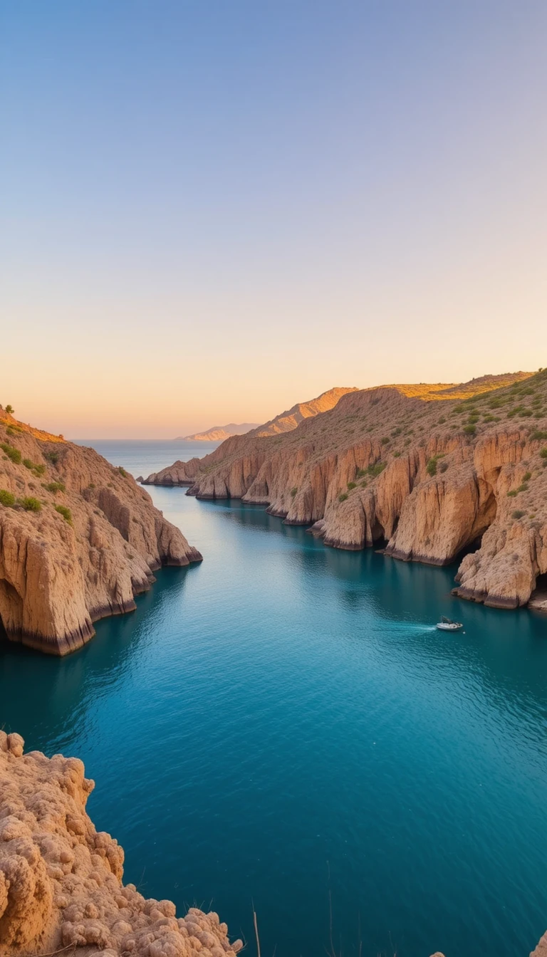 Tranquil coastal bay with cliffs in warm afternoon light