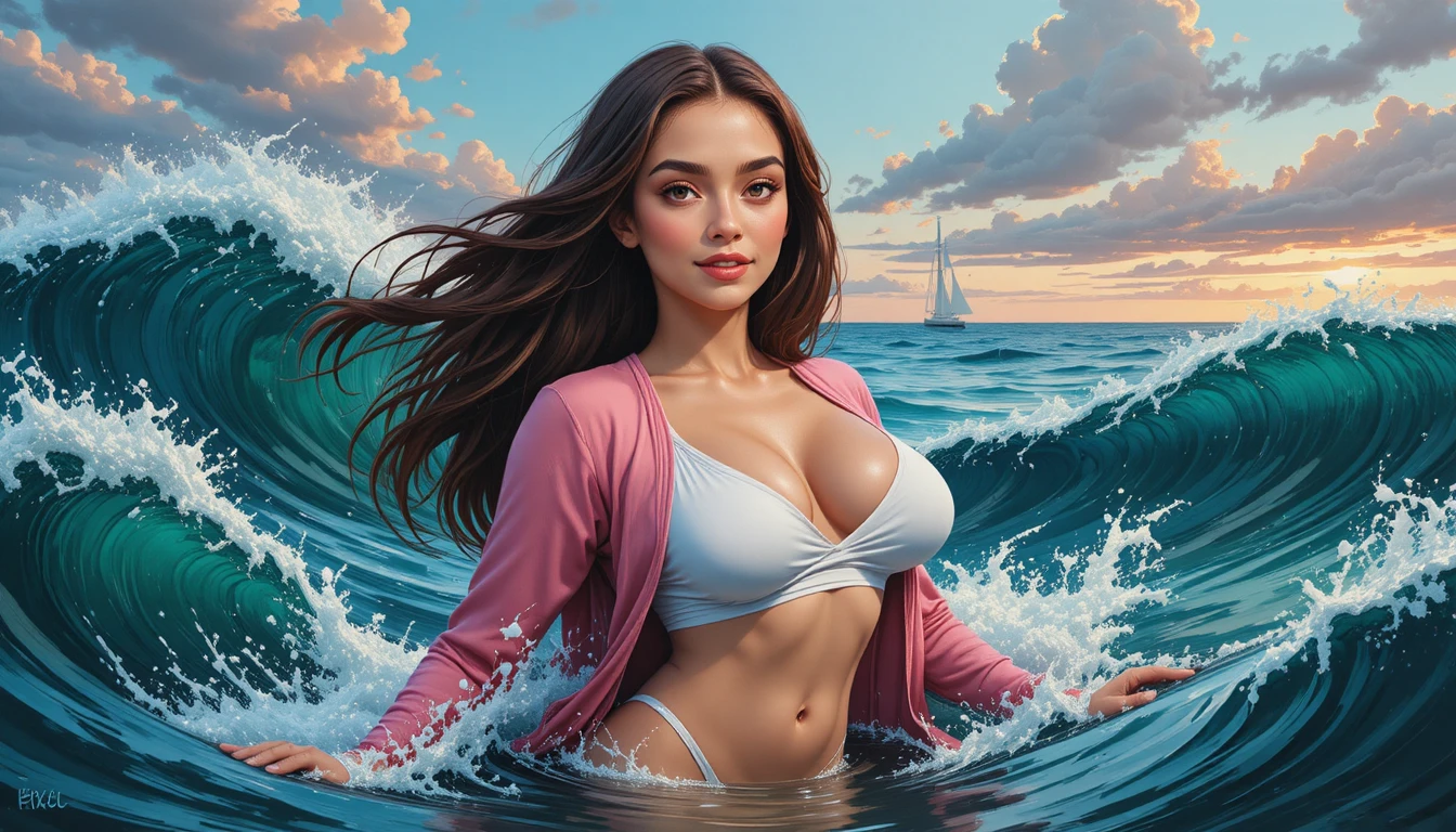 Young woman in white dress standing in dramatic ocean waves