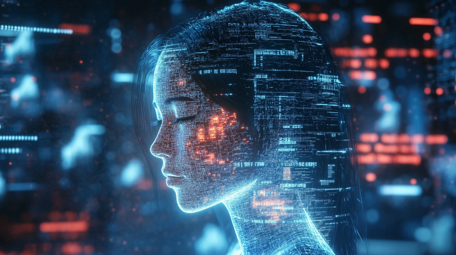 Holographic woman lounging in glitchy blue cyberspace