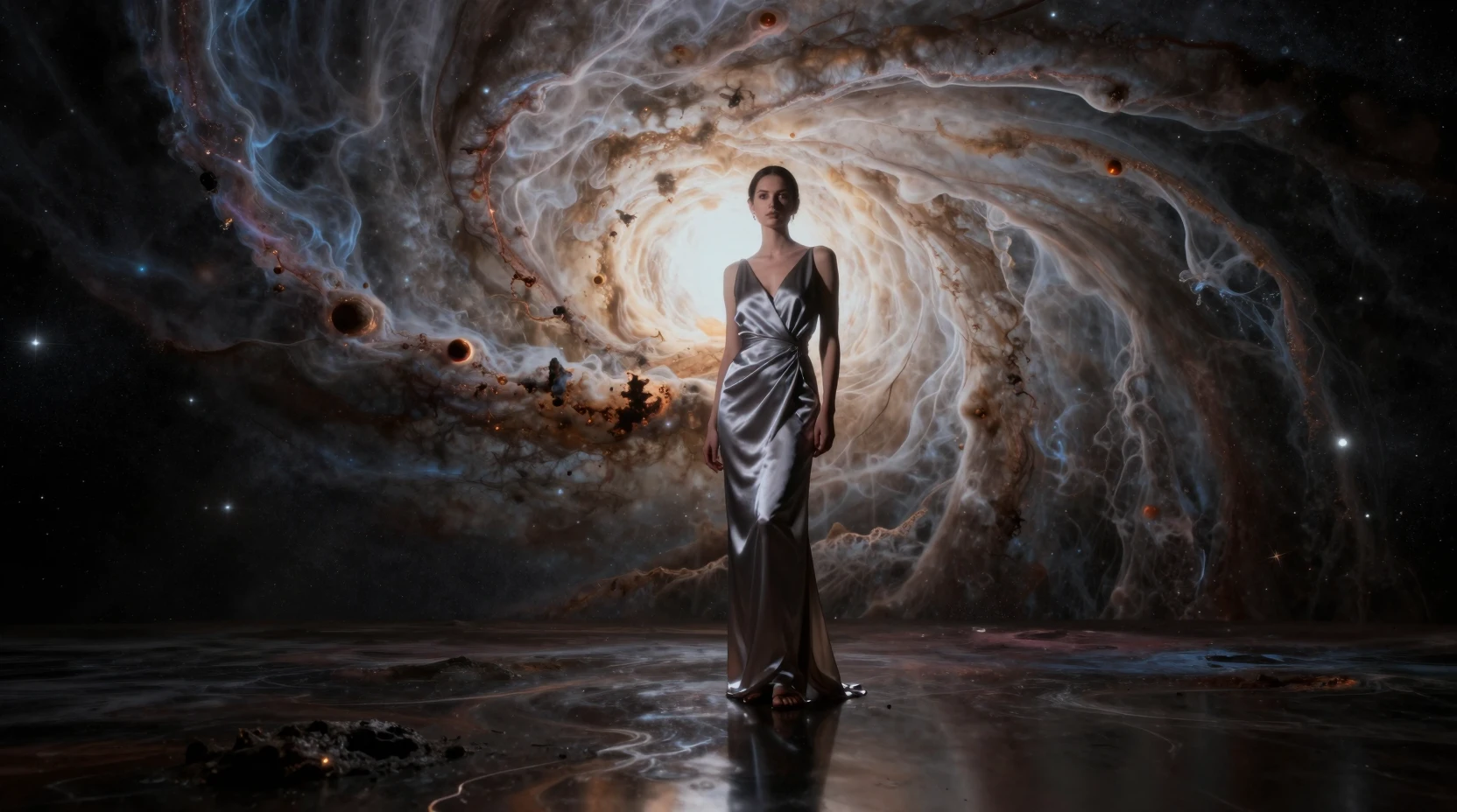 Woman in indigo beneath glowing nebula sky