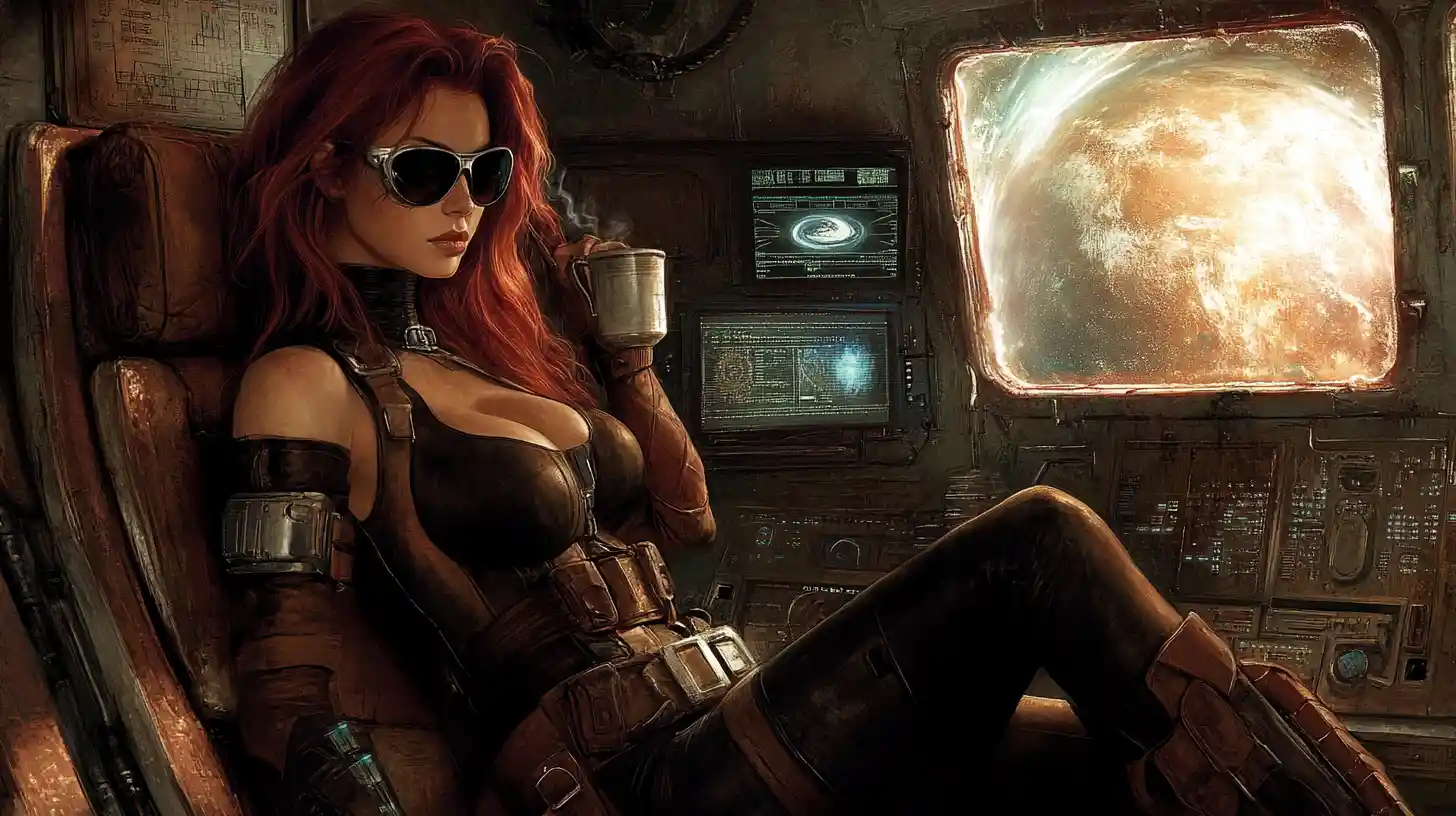 Athletic woman in leather suit inside old rusty spaceship