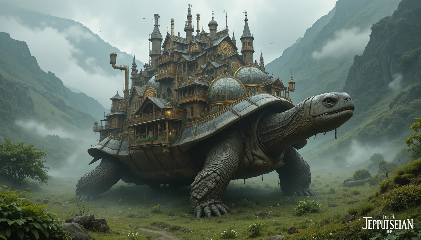Cidade steampunk montada em uma tartaruga colossal através da névoa