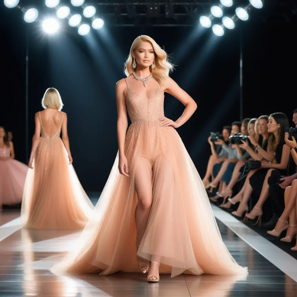 Blonde model in peach tulle gown on runway stage